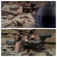 Artoo watched helplessly from a distance. Suddenly, a great howling moan is heard echoing throughout the canyon. The Sandpeople stop their pillaging and look off into the direction of the sound. #starwars #anhwt #starwarstoycrew #jbscrew #blackdeathcrew #starwarstoypix #starwarstoyfigs #toyshelf
